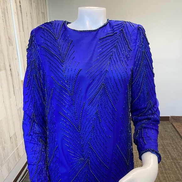Royal blue vintage beaded fringe dress size large - Picture 5 of 15